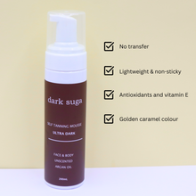 Load image into Gallery viewer, Self Tanning Mousse – Ultra Dark (200ml)  Face and body Golden brown tan Fragrance free Streak free result Enriched with Argan oil Fast drying.Get the ultimate long lasting bronzed skin experience in as little as 1 hour. Our instant drying formula eliminates stickiness and ensures no transfer to clothes or sheets. Enriched with raspberry seed oil, packed with antioxidants and vitamin E your skin will thank you for. Get the sunkissed golden skin of your dreams now!
