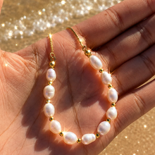 Load image into Gallery viewer, Waterproof gold pearl necklace adjustable made from tarnish-resistant stainless steel by Dark Suga.
