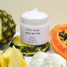 Load image into Gallery viewer,  Our homemade whipped body butter will leave your skin feeling soft, nourished and strong. hyperpigmentation. • Shea Butter: Instantly moistures skin and naturally seals in • Mango Butter: Boosts skin elasticity and suppleness, giving you firmer and smoother skin • Vitamin E Oil: Natural antioxidant that actively heals and protects skin • Jojoba Oil: Boosts collagen production and helps protect skin against sun damage • Tropical pineapple warm vanilla papaya sweet creamy scent fruit fruity scent
