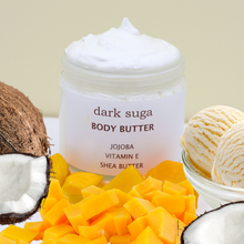 Load image into Gallery viewer, fruity Body Butter- Warm Vanilla Mango &amp; Creamy Coconut  homemade whipped body butter soft skin, nourished and strong. hyperpigmentation. • Shea Butter: Instantly moistures skin and naturally seals in • Mango Butter: Boosts skin elasticity and suppleness, giving you firmer and smoother skin • Vitamin E Oil: Natural antioxidant that actively heals and protects skin • Jojoba Oil: Boosts collagen production and helps protect skin against sun damage •  Body Butter- Warm Vanilla Mango &amp; Creamy Coconut scent 
